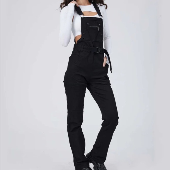 BuffBunny Over It Alls Black Stretch Cotton Straight Leg Overalls NWT - Picture 1 of 16
